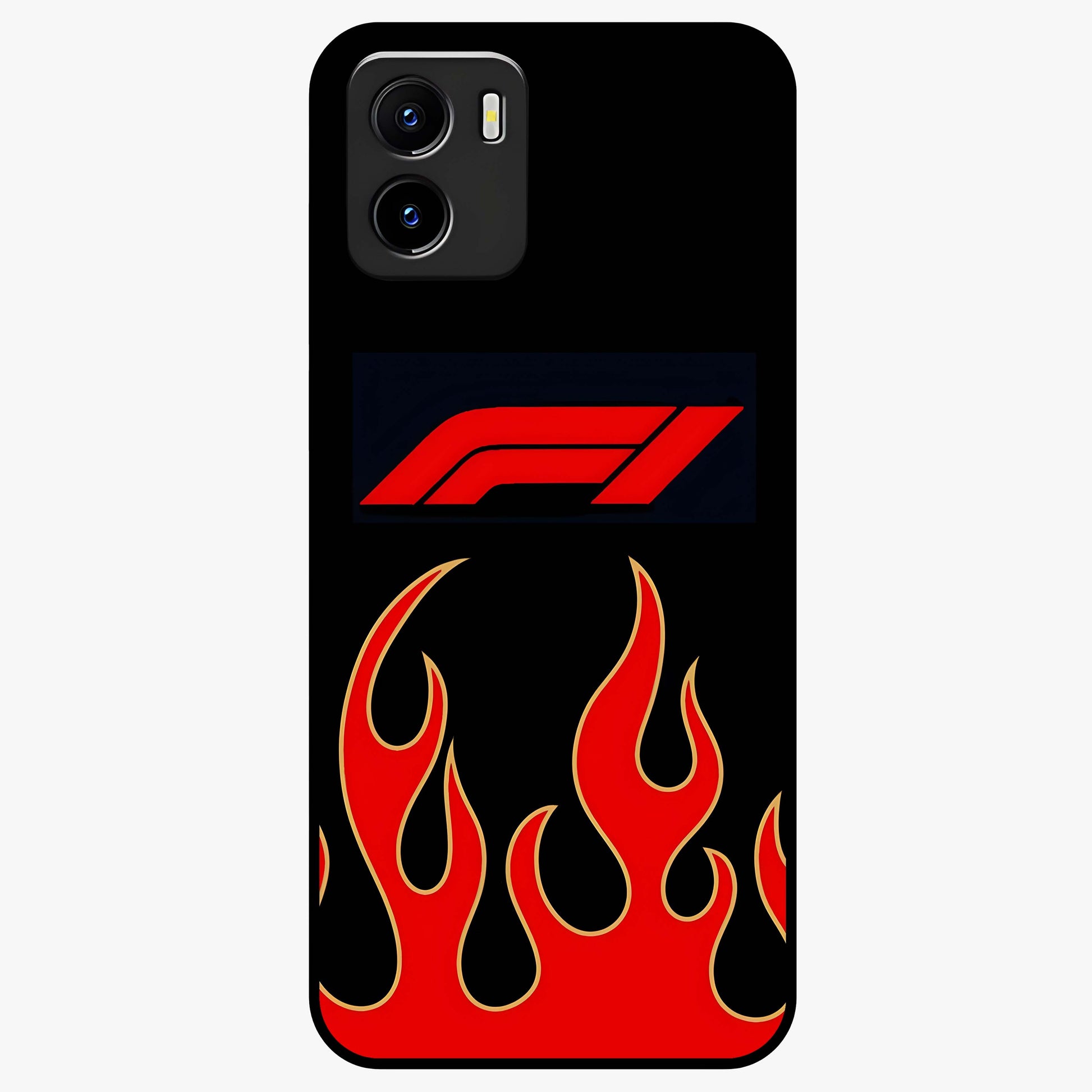Fire F11 Glass Case showing flat back view with fiery themed artwork and glossy glass finish.
