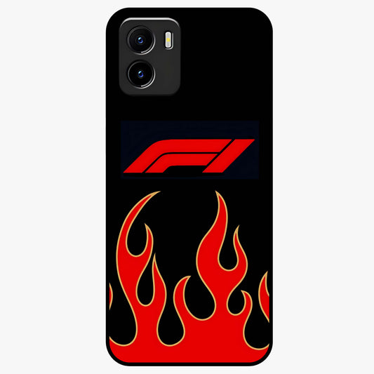 Fire F11 Glass Case showing flat back view with fiery themed artwork and glossy glass finish.