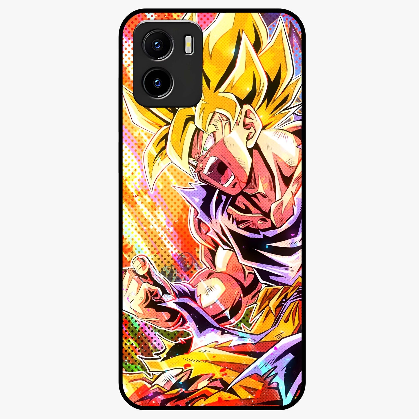 Firing Goku Glass Case showing flat back view with powerful anime inspired artwork and glossy glass finish.