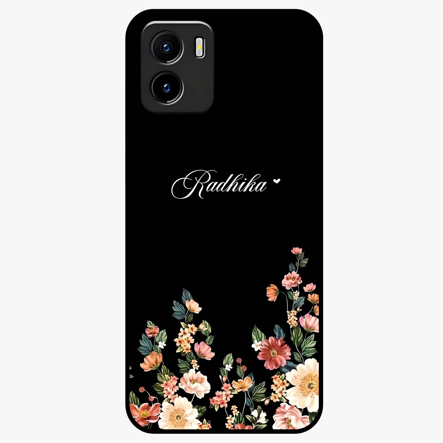 Floral Design With a Custom Personalized Name Glass Case showing flat back view with floral artwork and personalized name design.