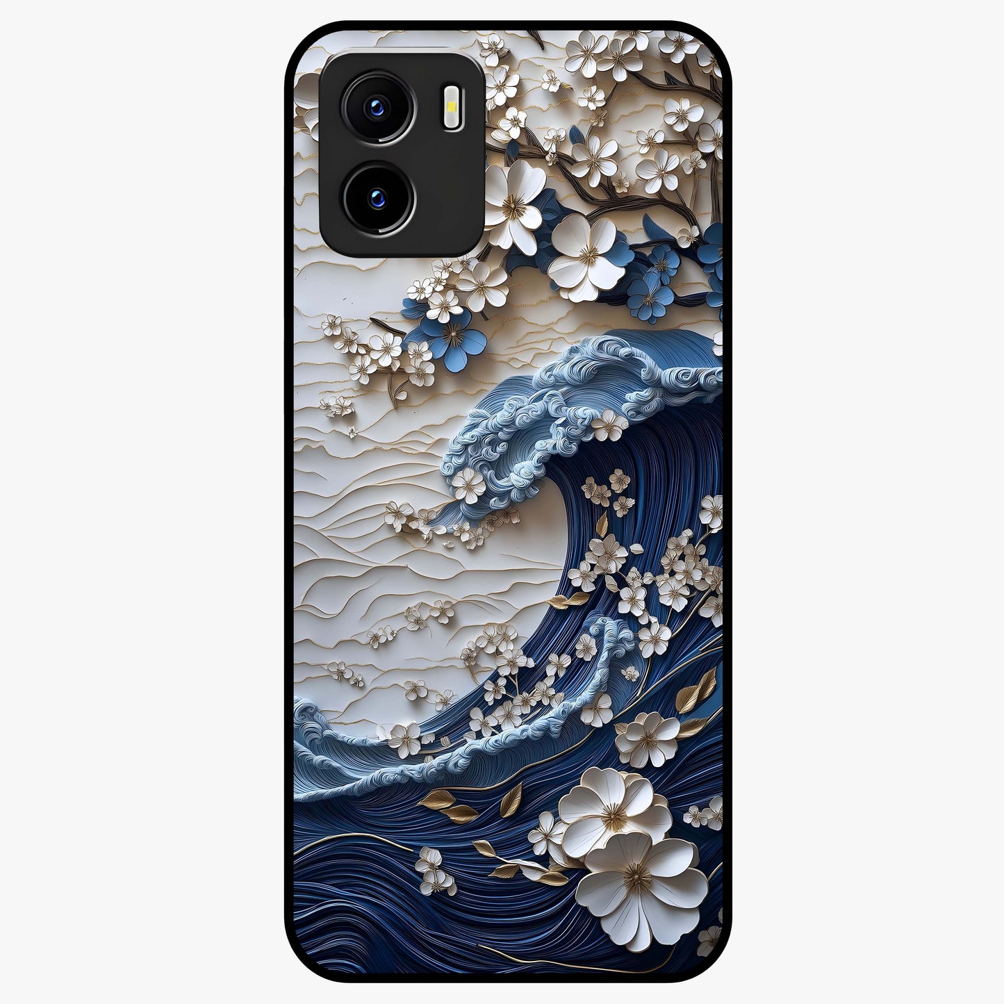 Floral Wave Origami Glass Case showing flat back view with origami inspired floral wave artwork and glossy glass finish.