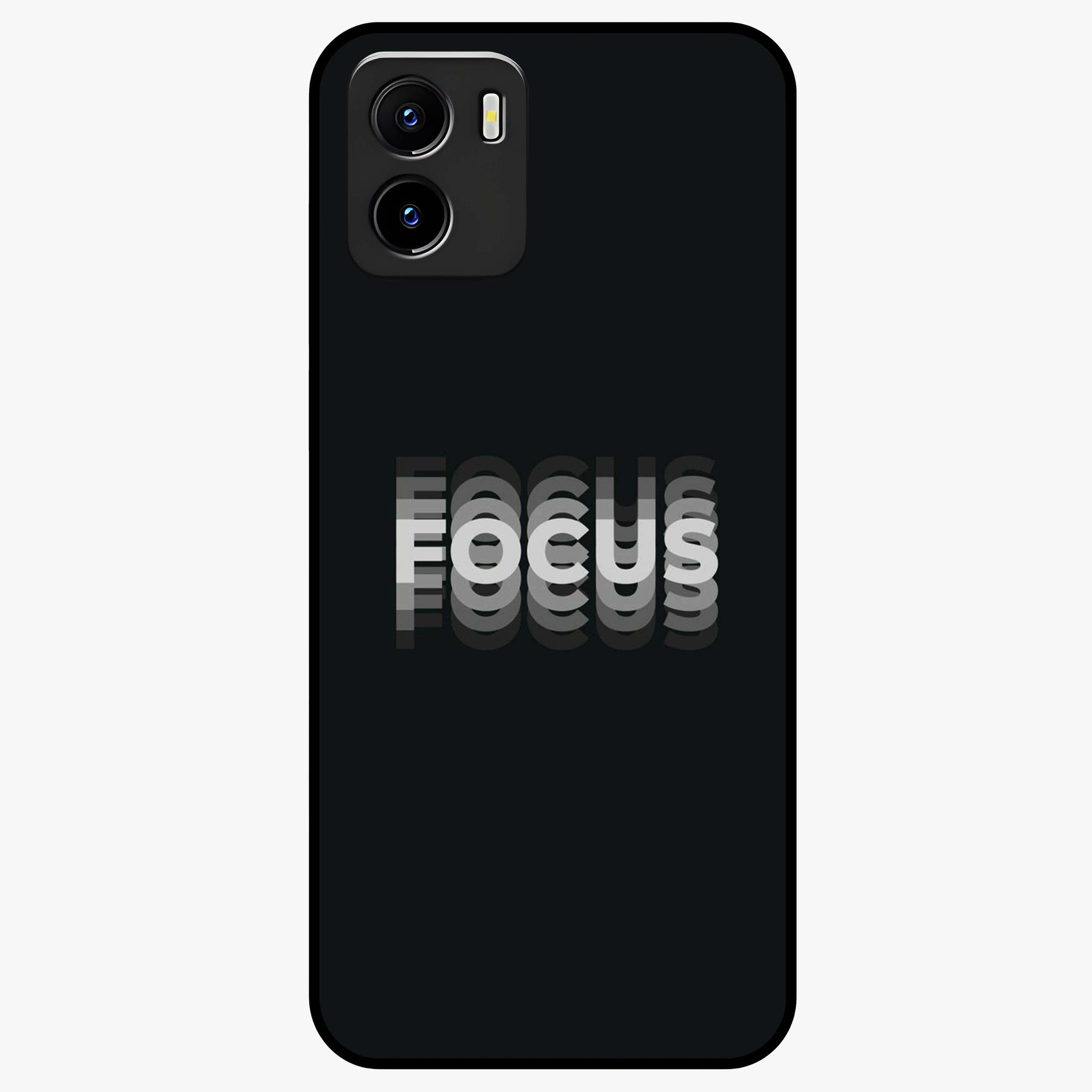 Focus Mode On Glass Case showing flat back view with bold motivational typography design and glossy glass finish.