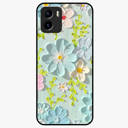 Frosted Petal Garden Glass Case showing flat back view with soft frosted floral artwork and glossy glass finish.