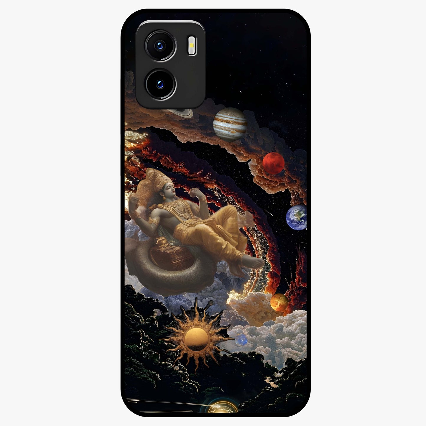 Galactic Divine God Glass Case showing flat back view with divine cosmic themed artwork and glossy glass finish.