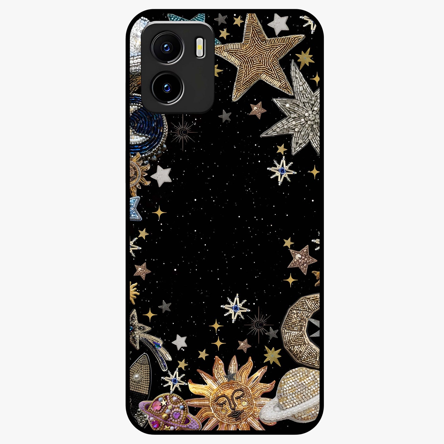 Galactic Jewel Stars Glass Case showing flat back view with sparkling star jewel artwork and glossy glass finish.