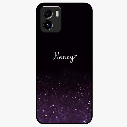 Glittery Purple Bokeh Custom Name Glass Case showing flat back view with purple bokeh sparkle artwork and personalized name design.