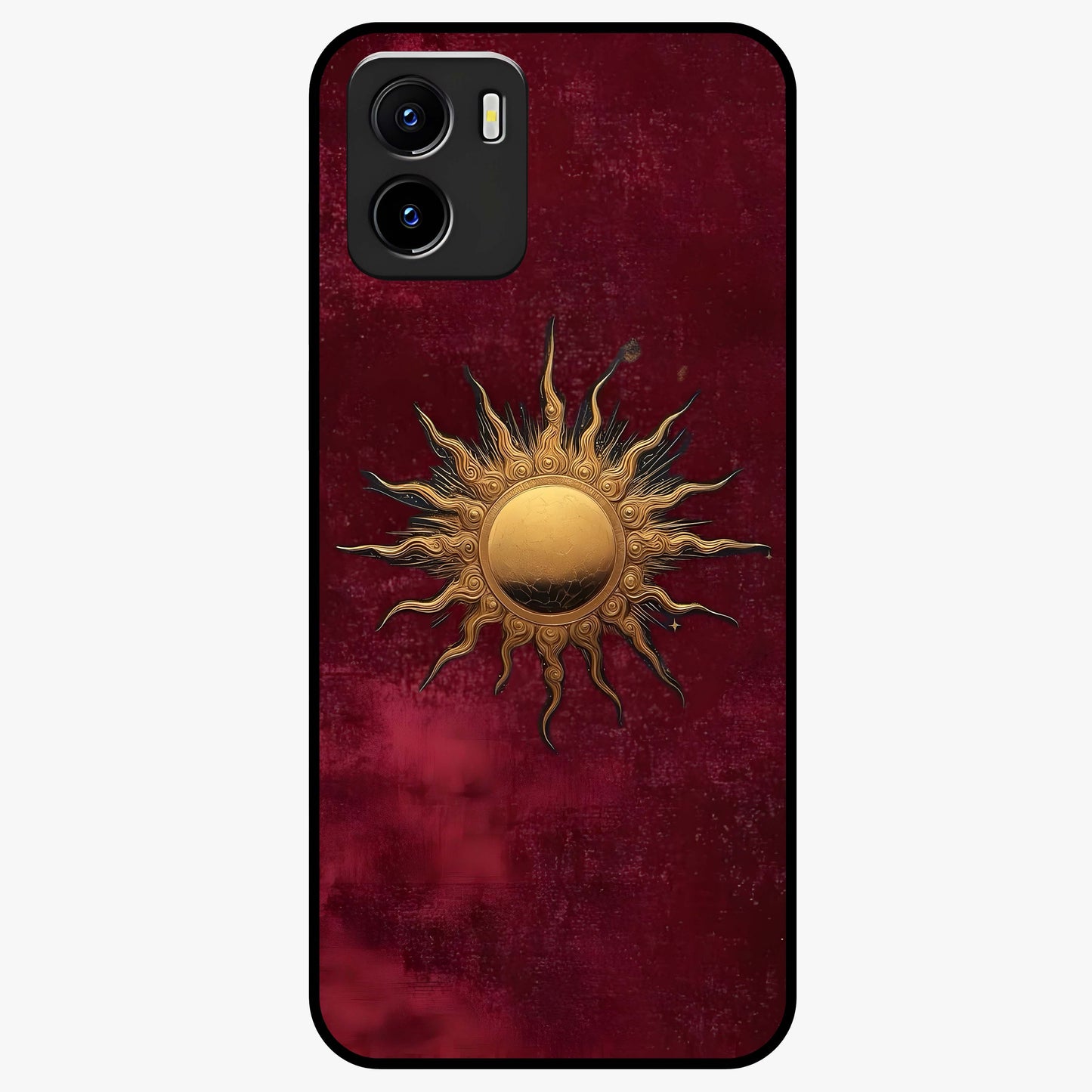 Gold Sun Blush Glass Case showing flat back view with golden sun inspired artwork and glossy glass finish.