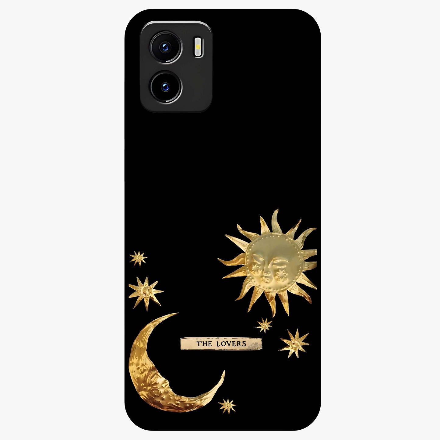 Golden Celestial Charm Glass Case showing flat back view with golden celestial charm artwork and glossy glass finish.