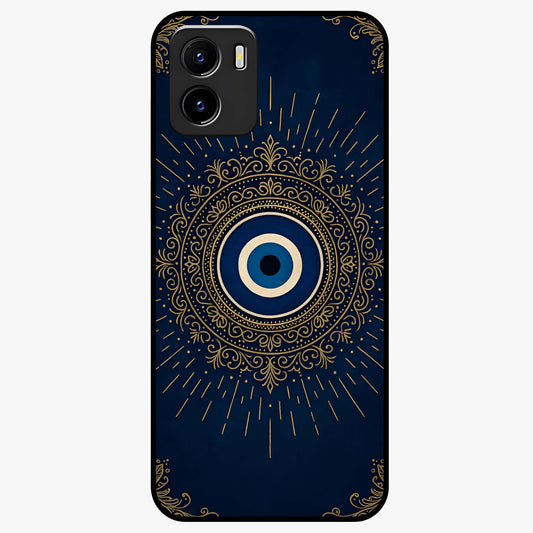 Golden Evil Eye Mandala Glass Case showing flat back view with intricate evil eye mandala artwork and glossy glass finish.