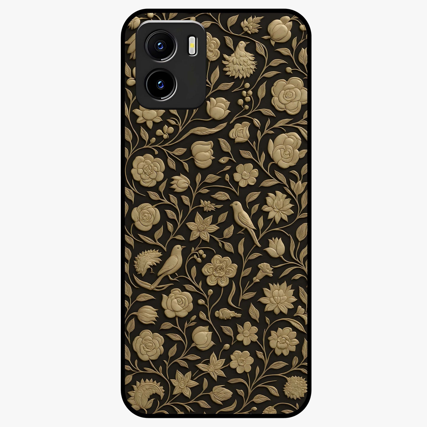 Golden Floral Majesty Glass Case showing flat back view with luxurious golden floral artwork and glossy glass finish.