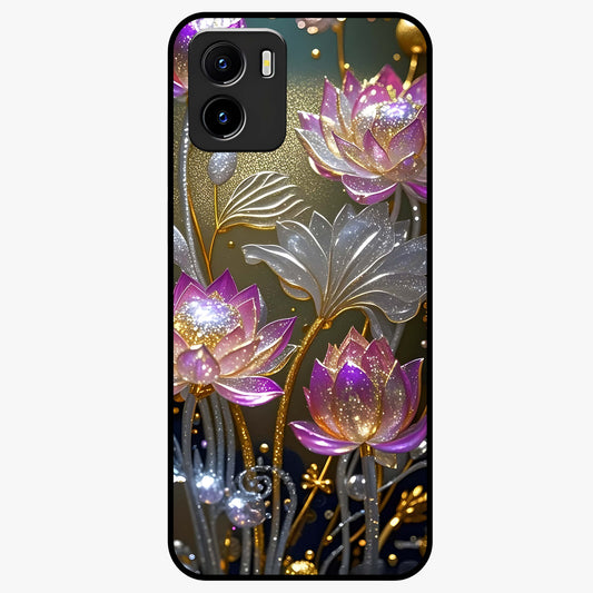 Golden Lotus Glow Glass Case showing flat back view with glowing lotus flower artwork and glossy glass finish.