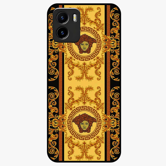 Golden Royal Heritage Glass Case showing flat back view with ornate royal pattern artwork and glossy glass finish.