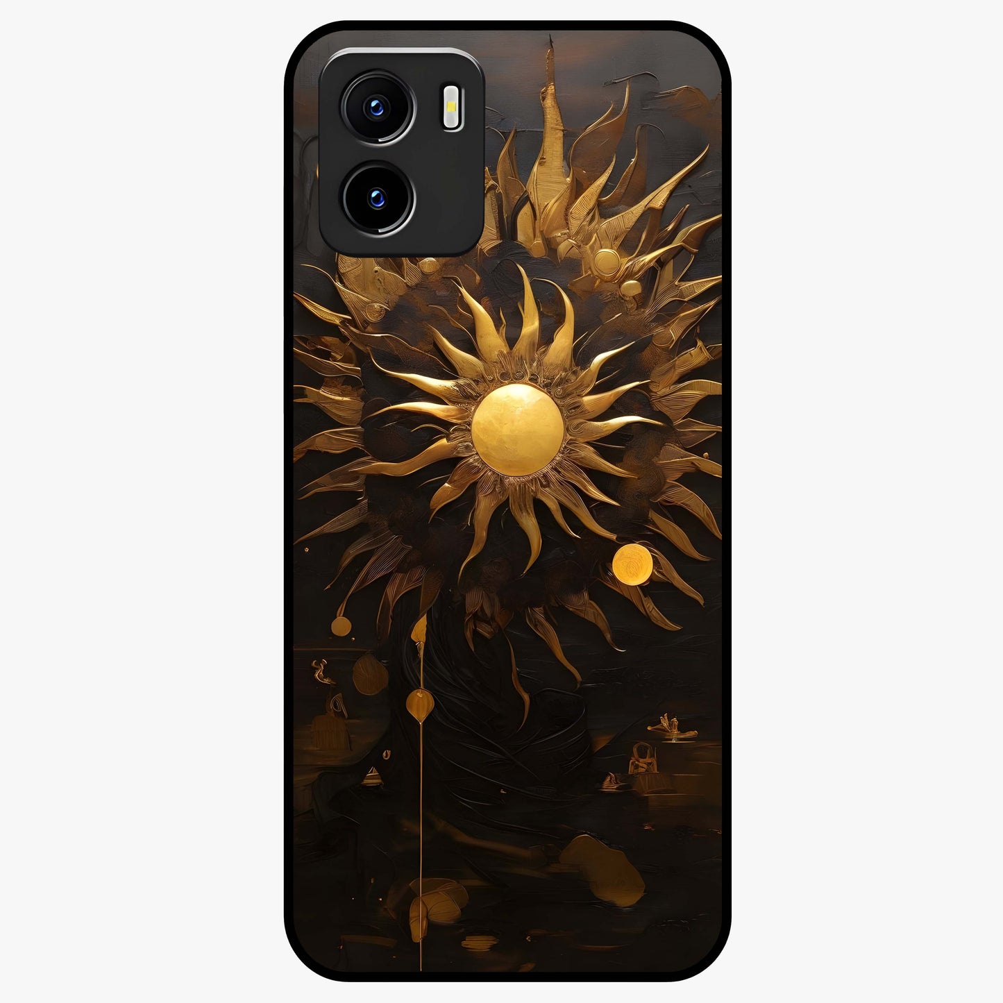 Golden Sun Majesty Glass Case showing flat back view with radiant golden sun artwork and glossy glass finish.