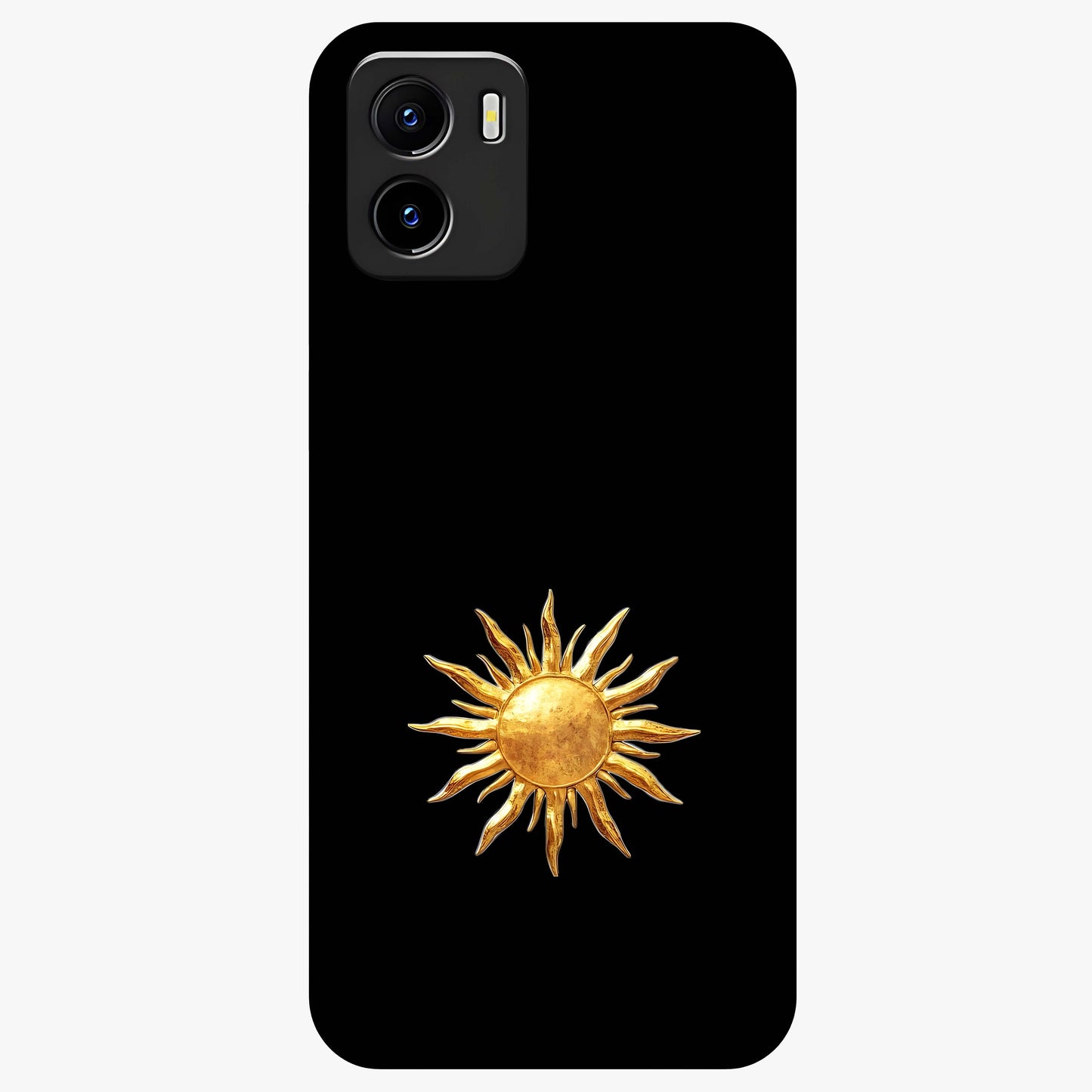 Golden Sun Minimalism Glass Case showing flat back view with minimal golden sun artwork and glossy glass finish.