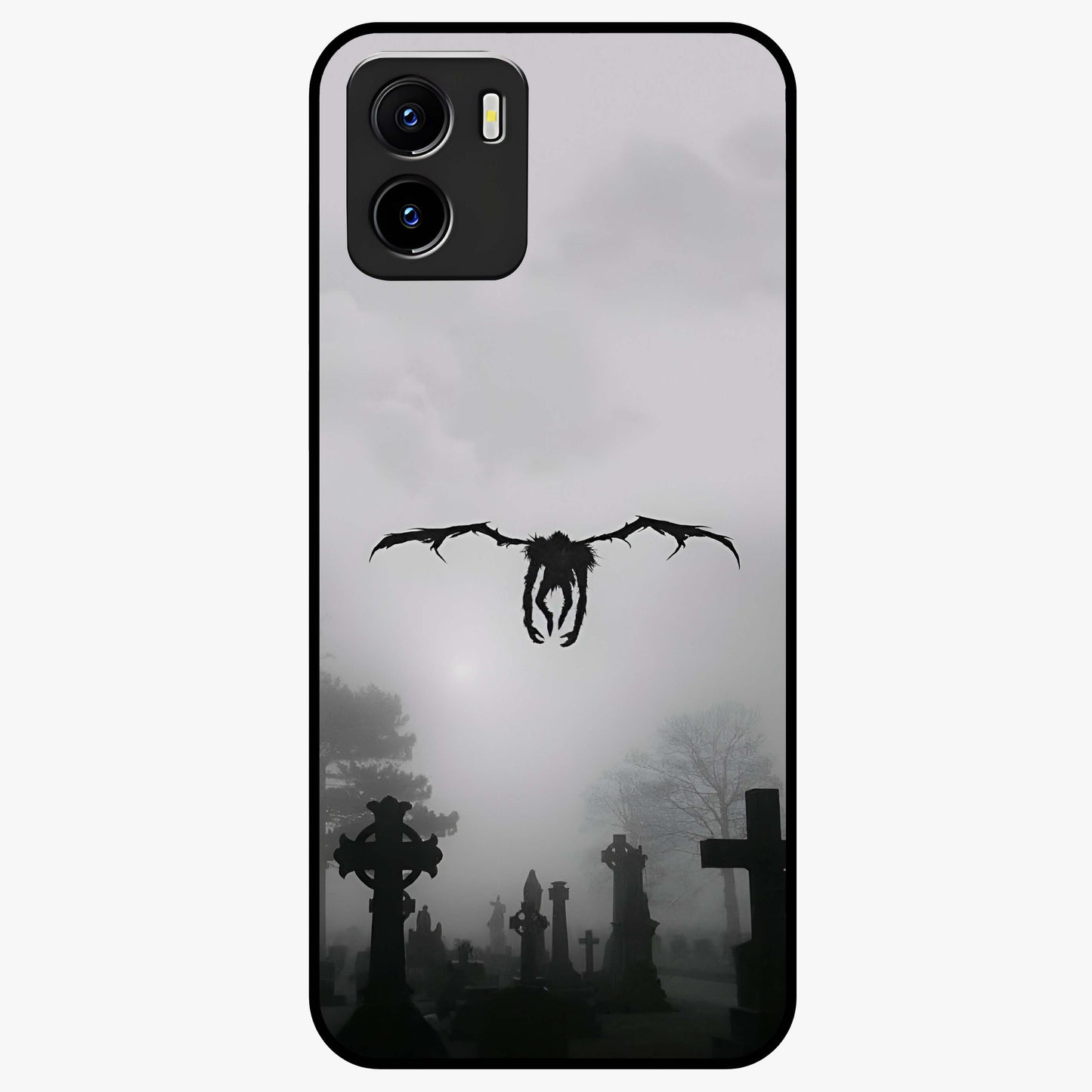 Graveyard Shadow Descent Glass Case showing flat back view with dark graveyard themed artwork and glossy glass finish.