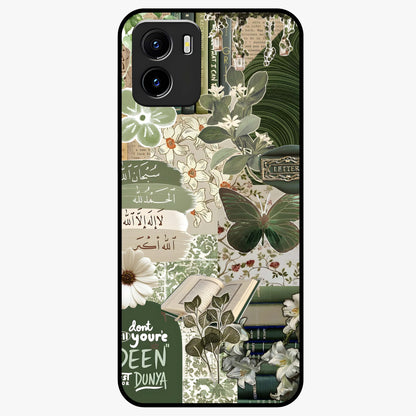 Green Islamic Books Quotes Glass Case showing flat back view with Islamic quotes and book themed artwork and glossy glass finish.