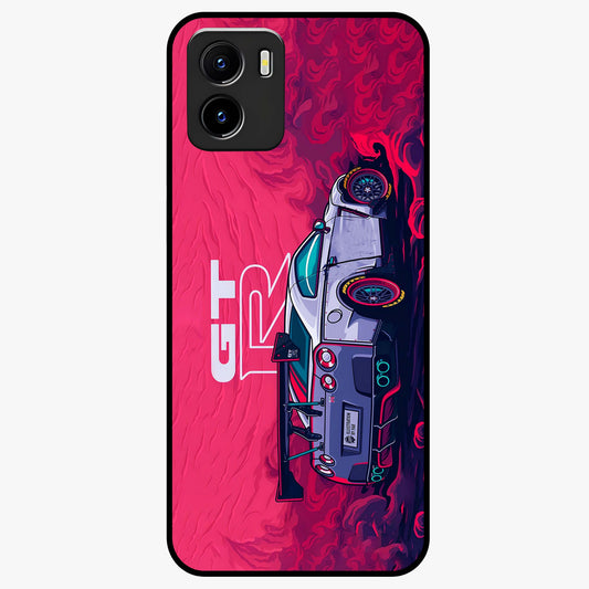 GT-R Car Pattern Glass Case showing flat back view with sporty car inspired pattern artwork and glossy glass finish.