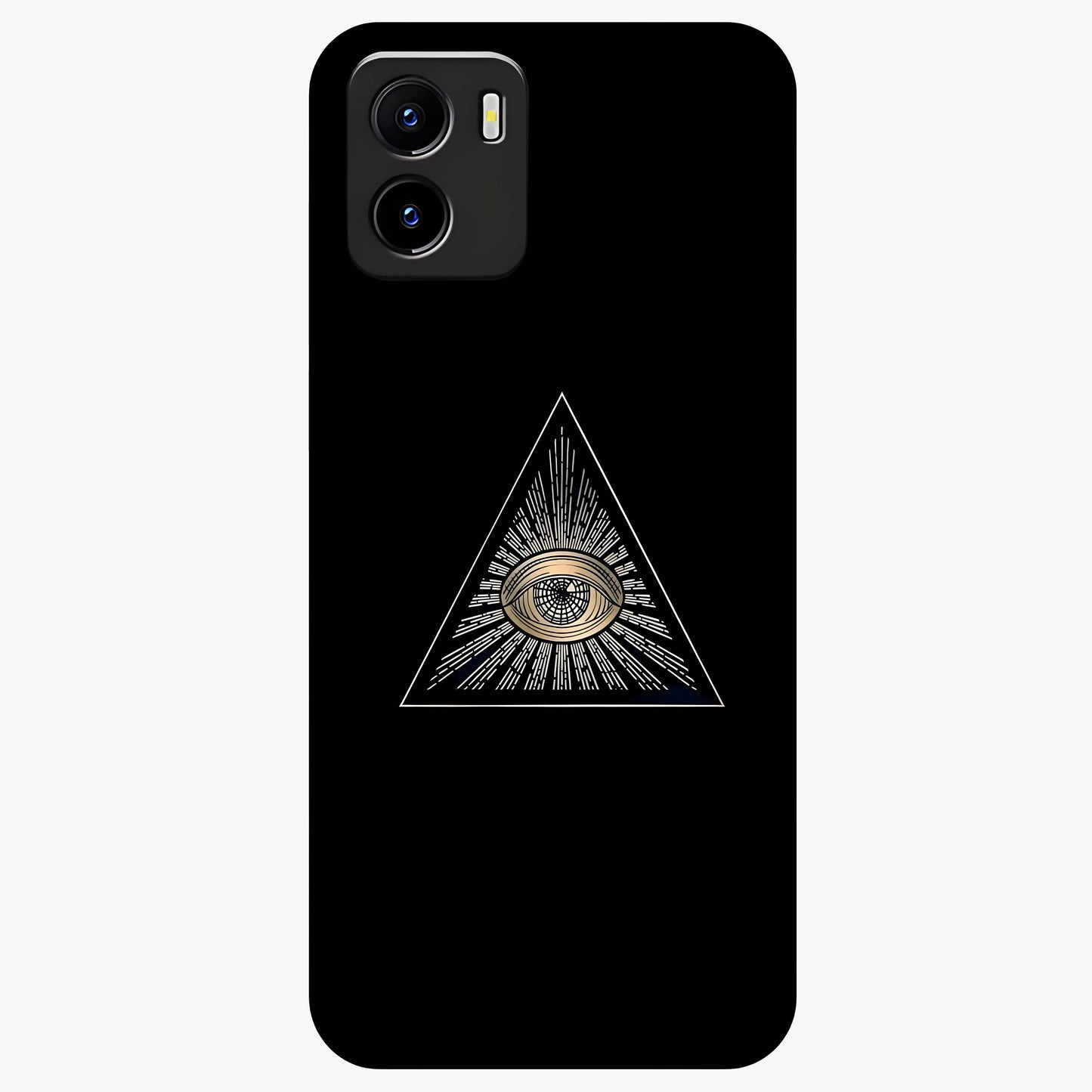 Illuminati Evil Glass Case showing flat back view with mysterious illuminati symbol artwork and glossy glass finish.