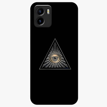 Illuminati Evil Glass Case showing flat back view with mysterious illuminati symbol artwork and glossy glass finish.