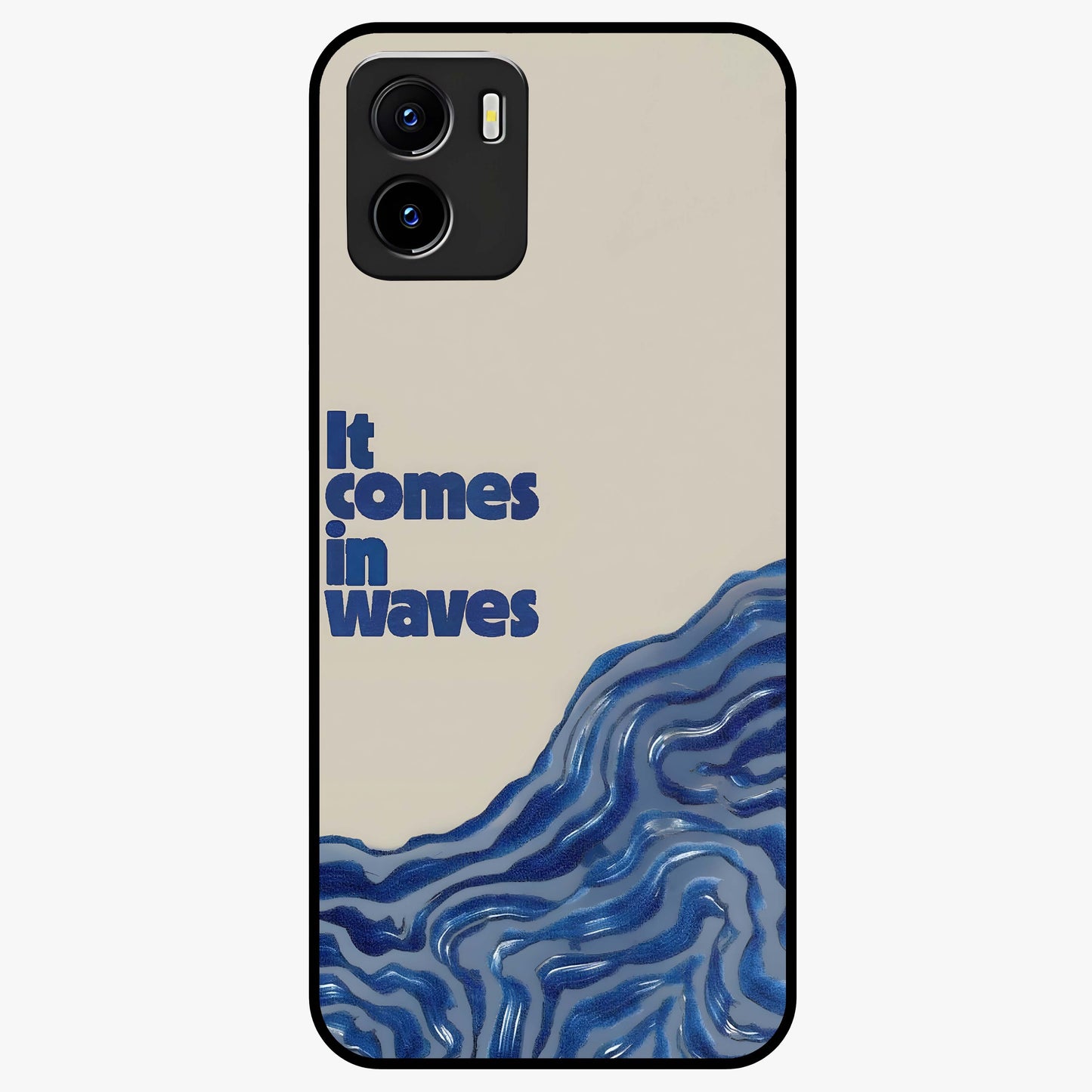 It Comes In Waves Quote Glass Case showing flat back view with inspirational wave themed quote artwork and glossy glass finish.