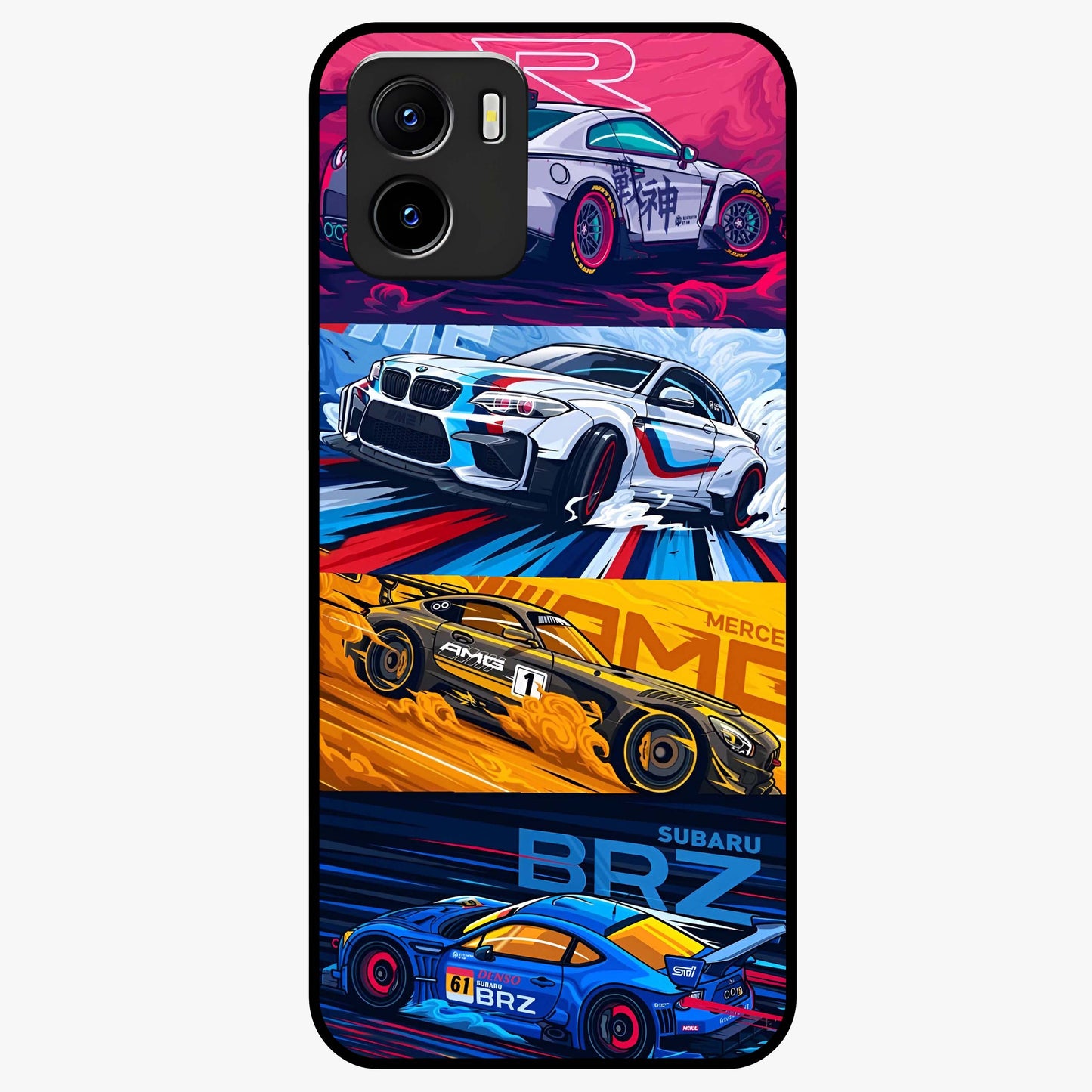 JDM Sports Car Glass Case showing flat back view with high performance sports car artwork and glossy glass finish.