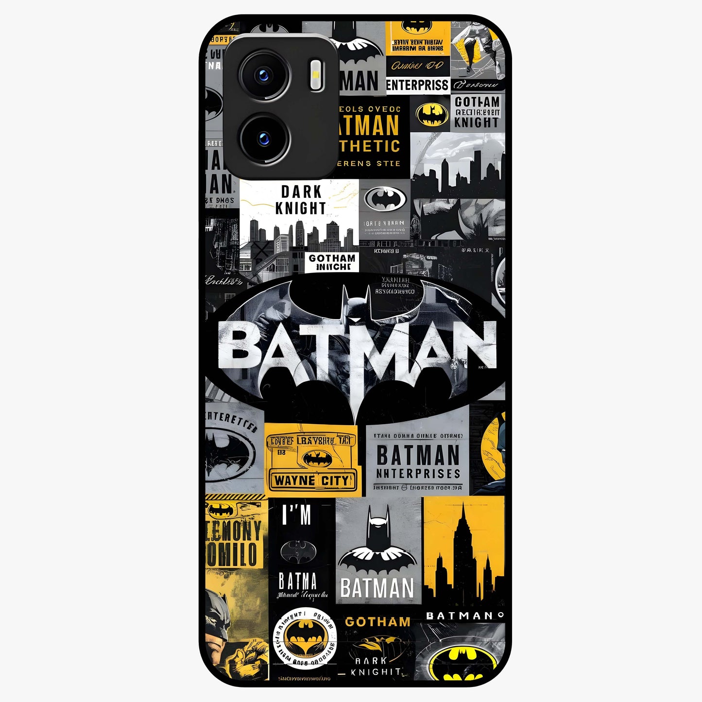 Knight Gotham Rise Glass Case showing flat back view with dark hero inspired artwork and glossy glass finish.
