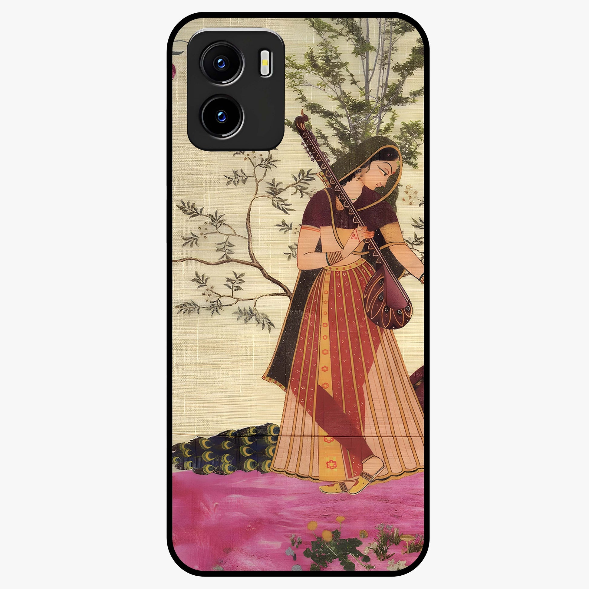 Lady With Veena Art Glass Case showing flat back view with elegant woman playing veena artwork and glossy glass finish.