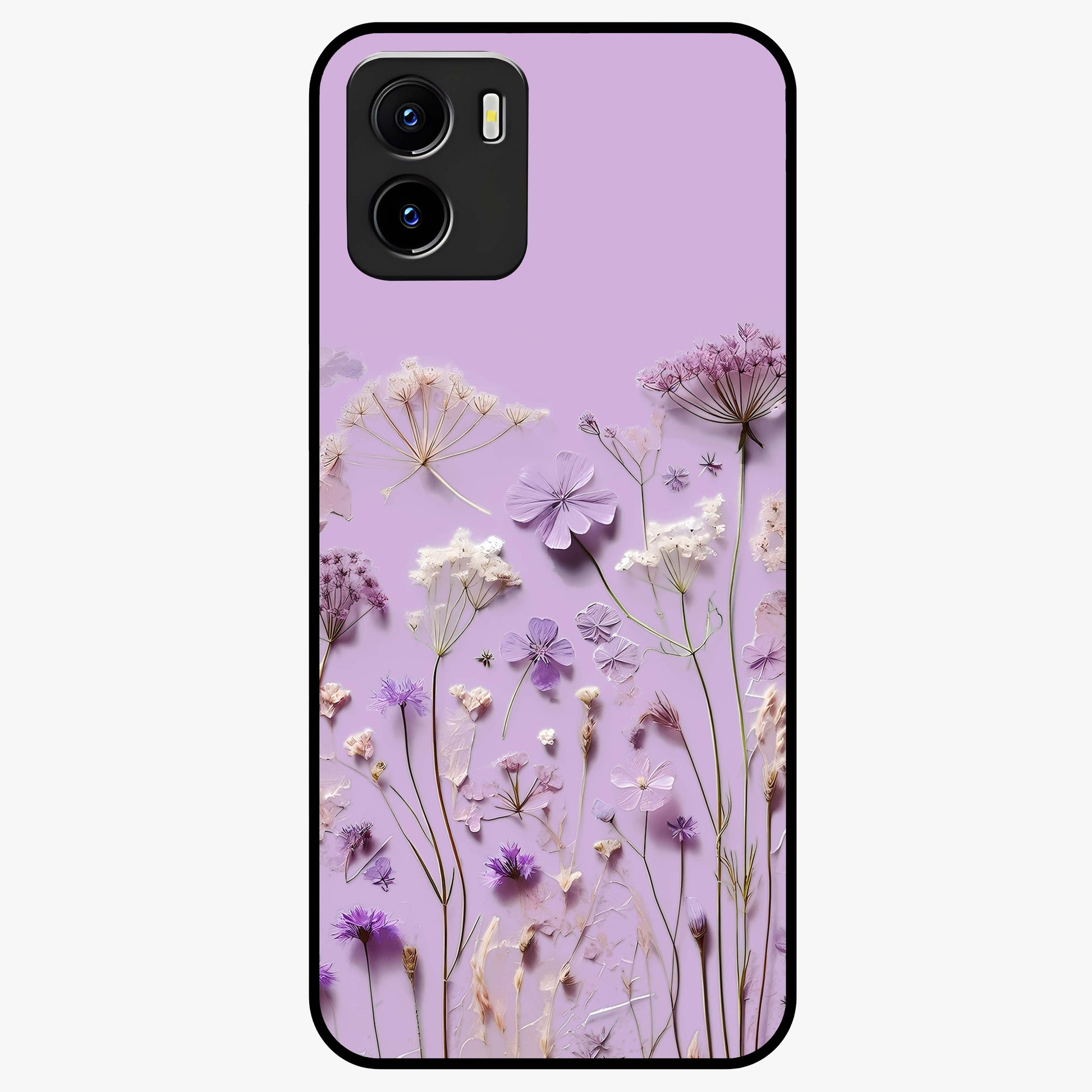 Lavender Blossom Dream Glass Case showing flat back view with soft lavender floral artwork and glossy glass finish.
