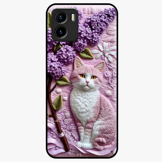 Lavender Cat Whimsy Glass Case showing flat back view with cute lavender cat artwork and glossy glass finish.