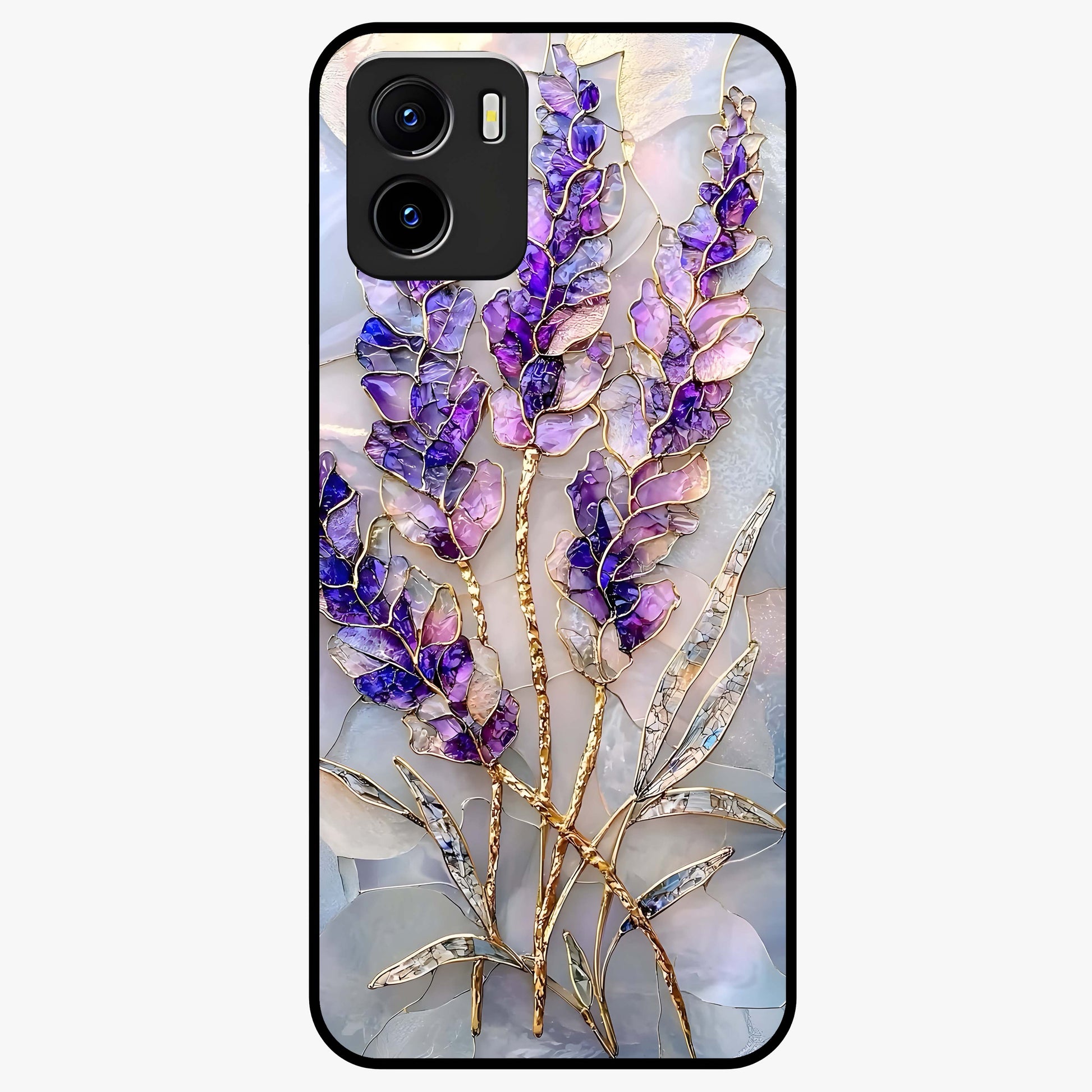 Lavender Dream Glow Glass Case showing flat back view with glowing lavender aesthetic artwork and glossy glass finish.