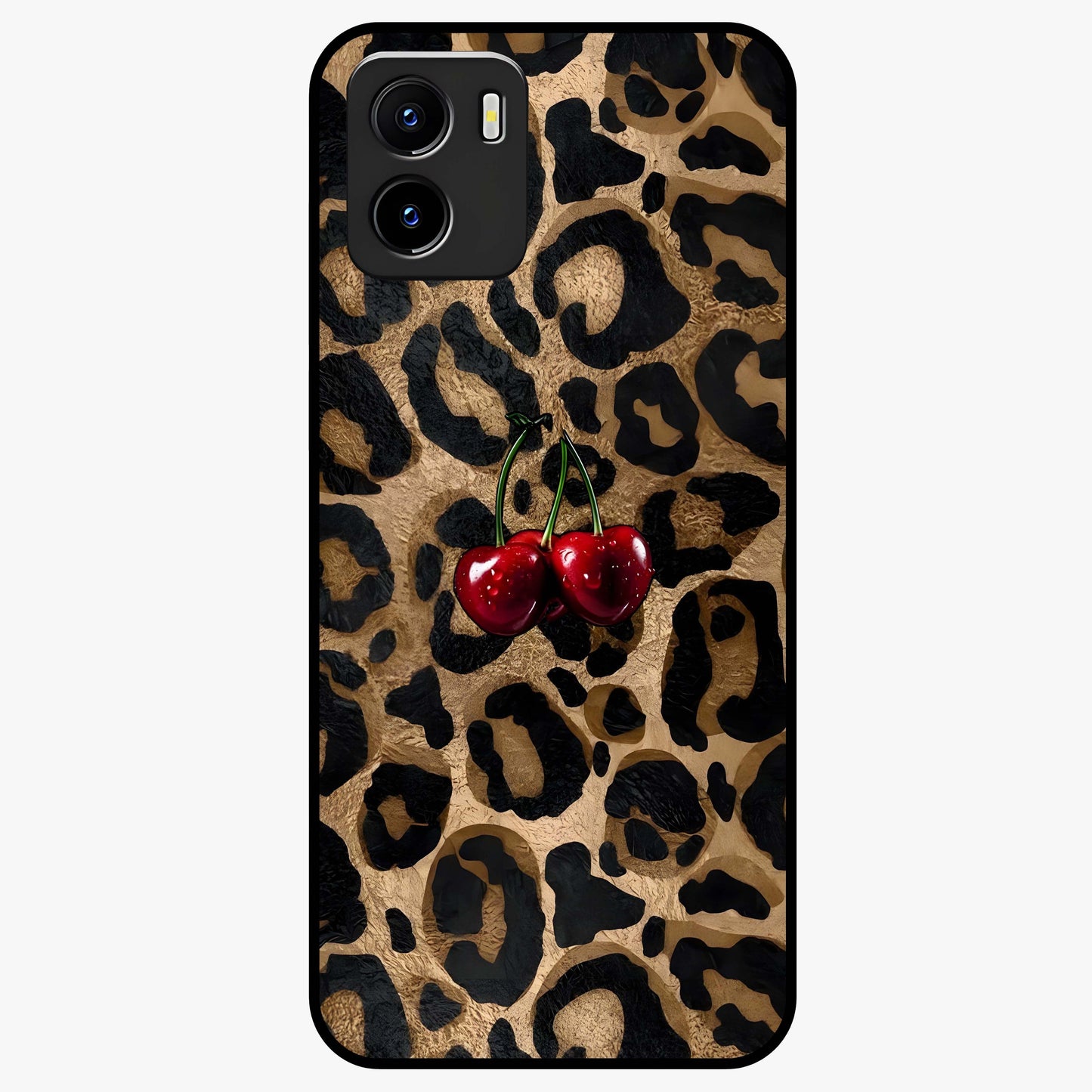 Leopard Wild Cherry Glass Case showing flat back view with leopard pattern and cherry artwork and glossy glass finish.