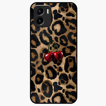 Leopard Wild Cherry Glass Case showing flat back view with leopard pattern and cherry artwork and glossy glass finish.