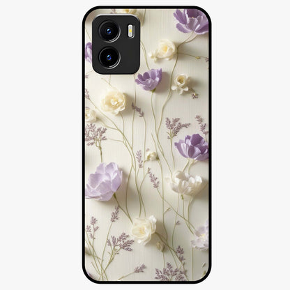 Lilac Breeze Harmony Glass Case showing flat back view with soft lilac themed artwork and glossy glass finish.
