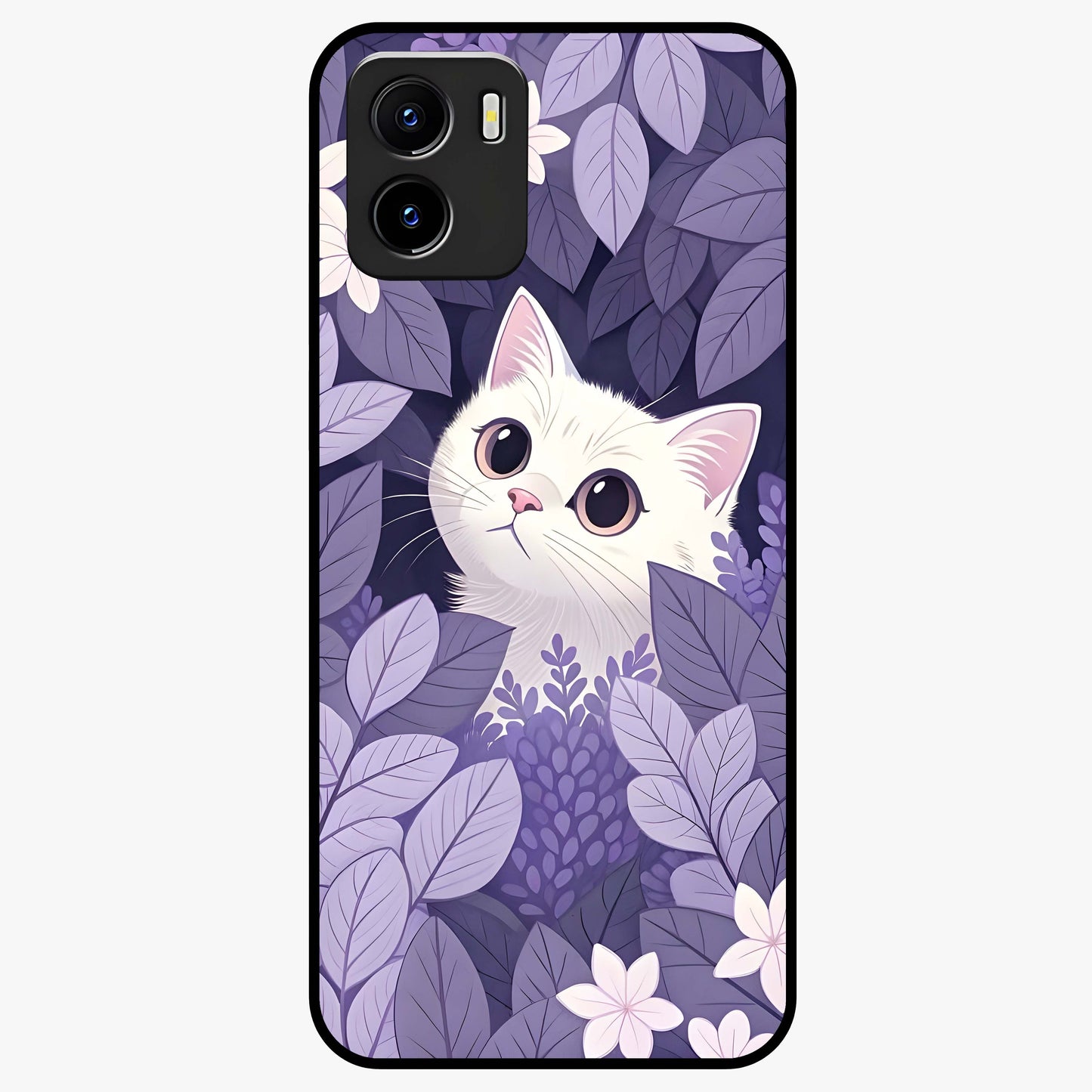 Lilac Hide Peek Cat Glass Case showing flat back view with cute peeking cat artwork and glossy glass finish.