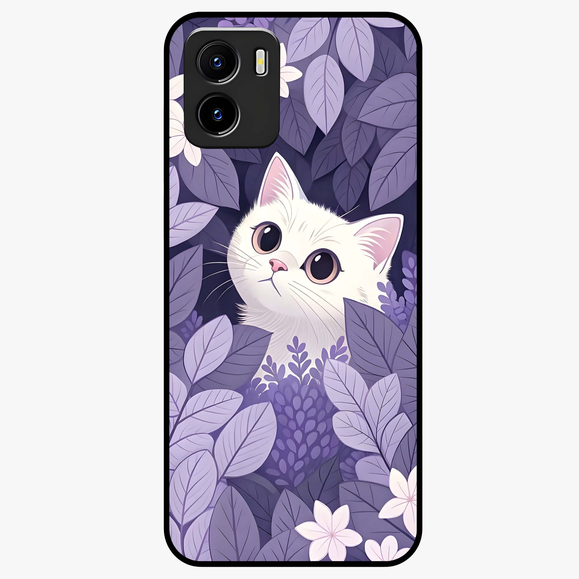 Lilac Hide Peek Cat Glass Case showing flat back view with cute peeking cat artwork and glossy glass finish.