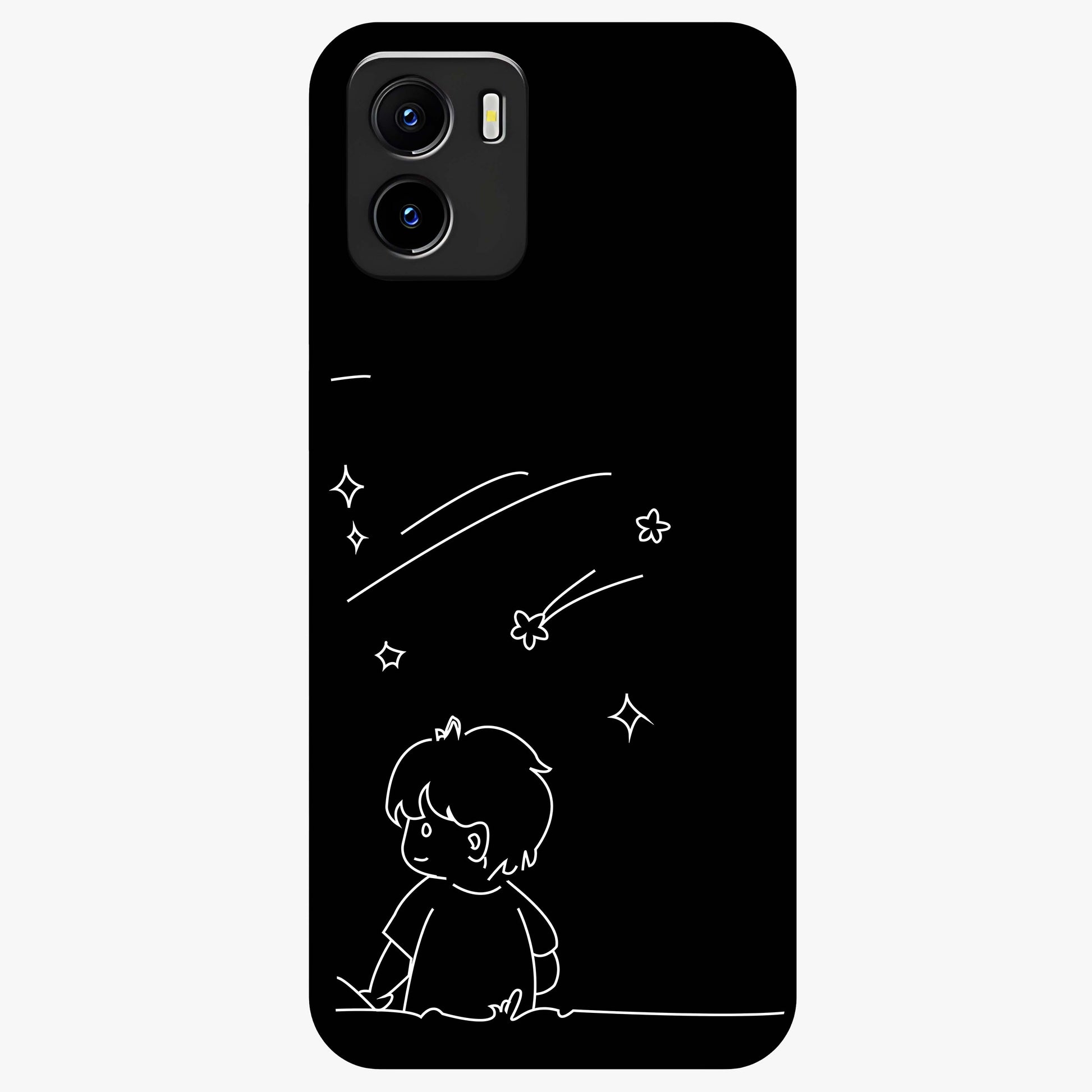 Line Art Boy With Shooting Stars Glass Case showing flat back view with minimal line art boy and shooting stars illustration and glossy glass finish.