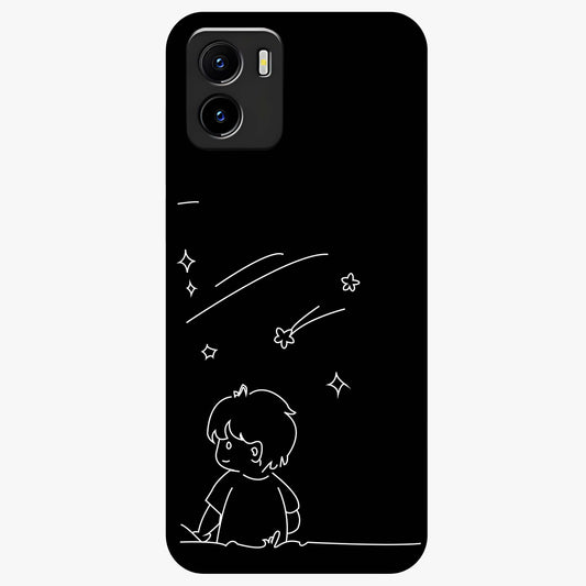 Line Art Boy With Shooting Stars Glass Case showing flat back view with minimal line art boy and shooting stars illustration and glossy glass finish.