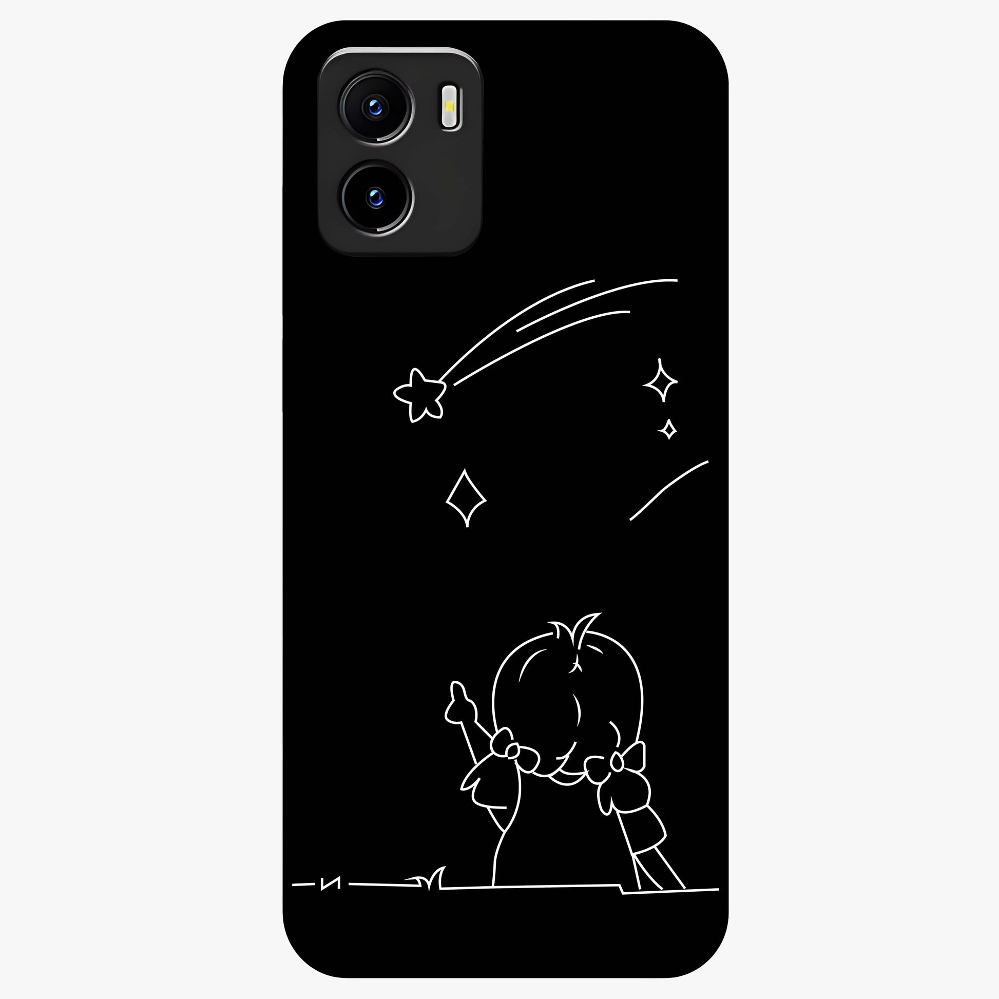 Line Art Girl With Shooting Stars Glass Case showing flat back view with minimal line art girl and shooting stars illustration and glossy glass finish.