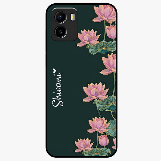 Lotus Bloom Serenity Custom Name Glass Case showing flat back view with elegant lotus flower artwork and personalized name design.