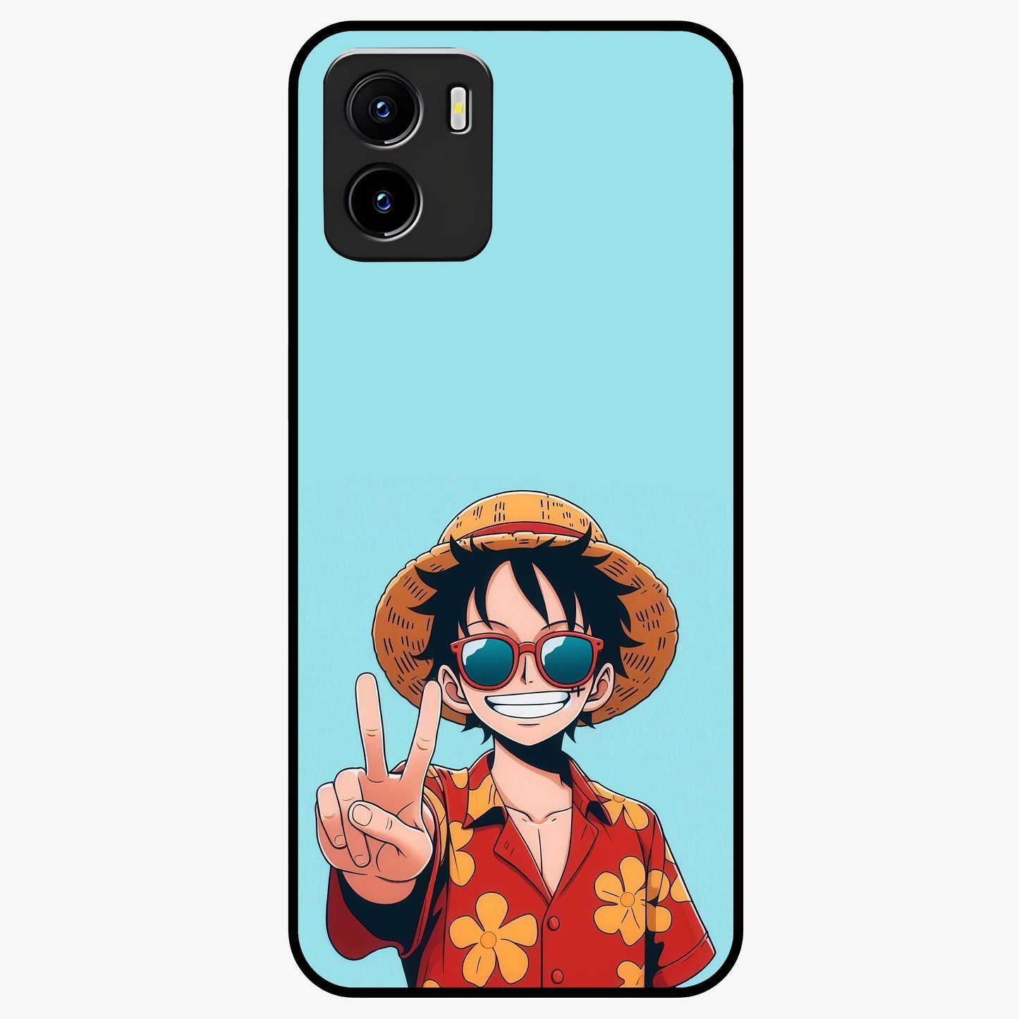 Luffy Summer Anime Vibe Glass Case showing flat back view with vibrant anime character artwork and glossy glass finish.