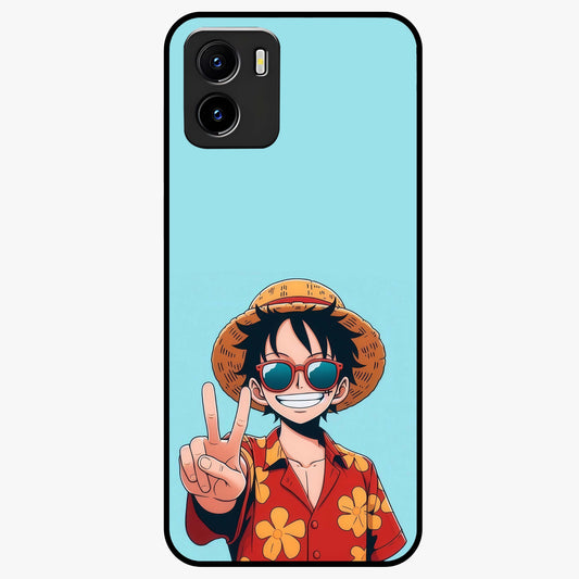 Luffy Summer Anime Vibe Glass Case showing flat back view with vibrant anime character artwork and glossy glass finish.