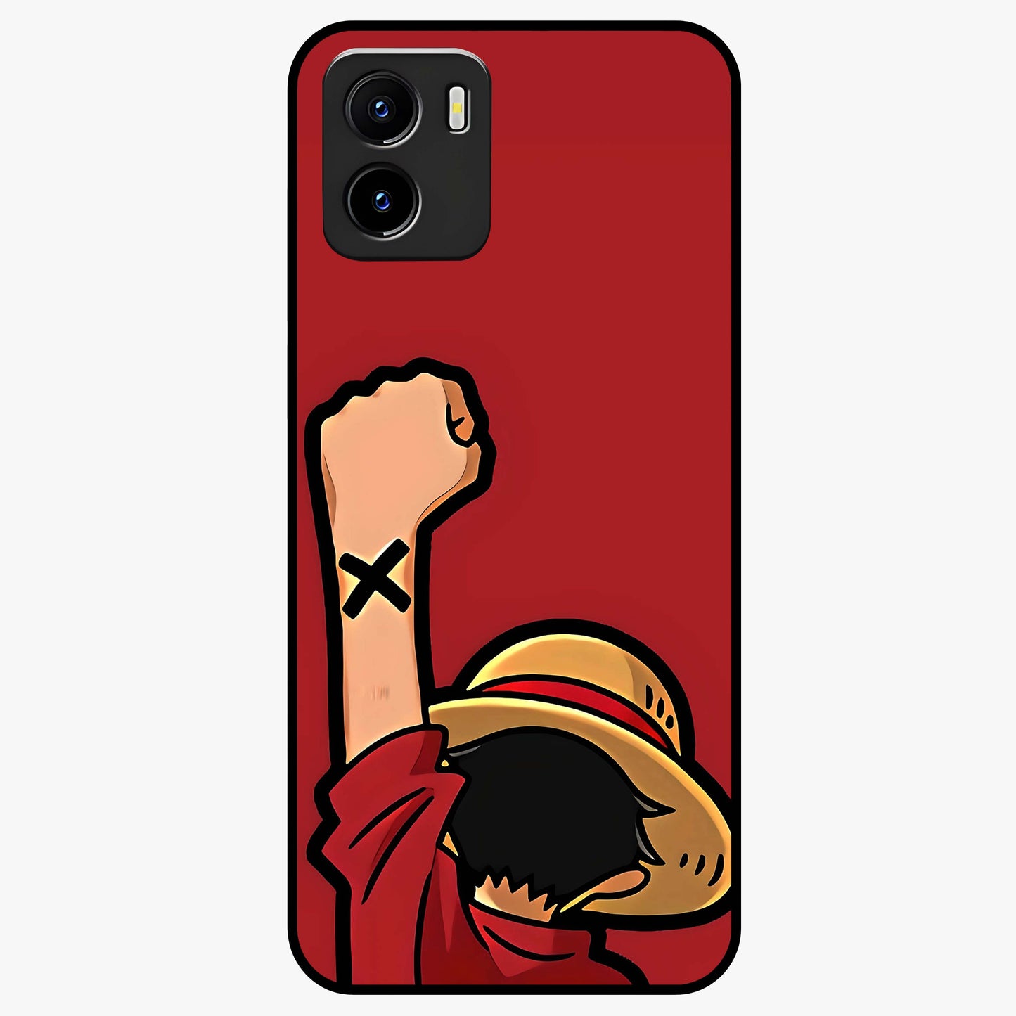 Luffy X Spirit Glass Case showing flat back view with bold anime character artwork and glossy glass finish.