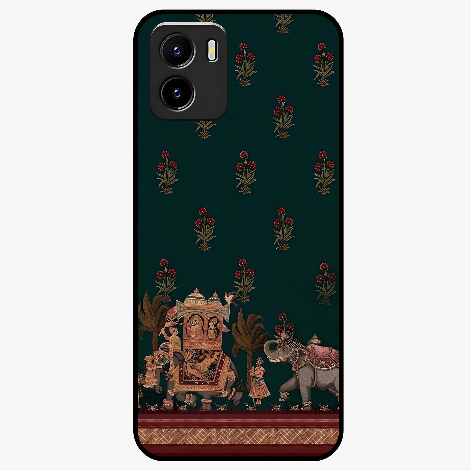 Macmerise Glass Case showing flat back view with stylish modern artwork and glossy glass finish.