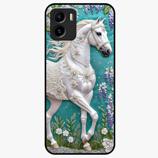 Majestic Floral Stallion Glass Case showing flat back view with powerful horse and floral artwork and glossy glass finish.