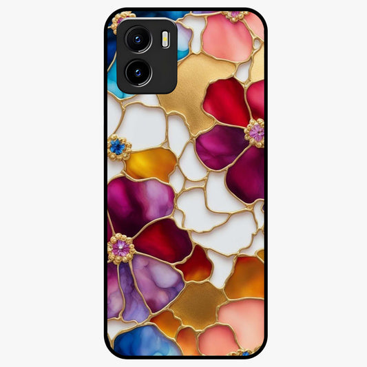 Marble Flower Pattern Glass Case showing flat back view with marble texture floral artwork and glossy glass finish.