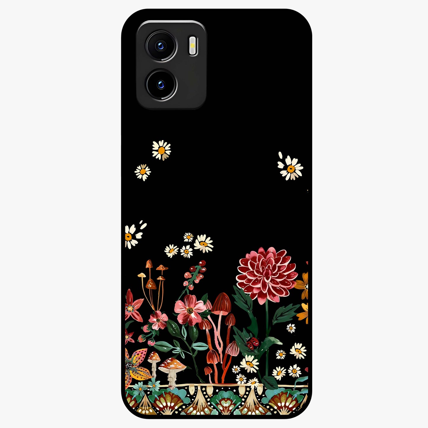 Midnight Bloom Pattern Glass Case showing flat back view with dark floral pattern artwork and glossy glass finish.