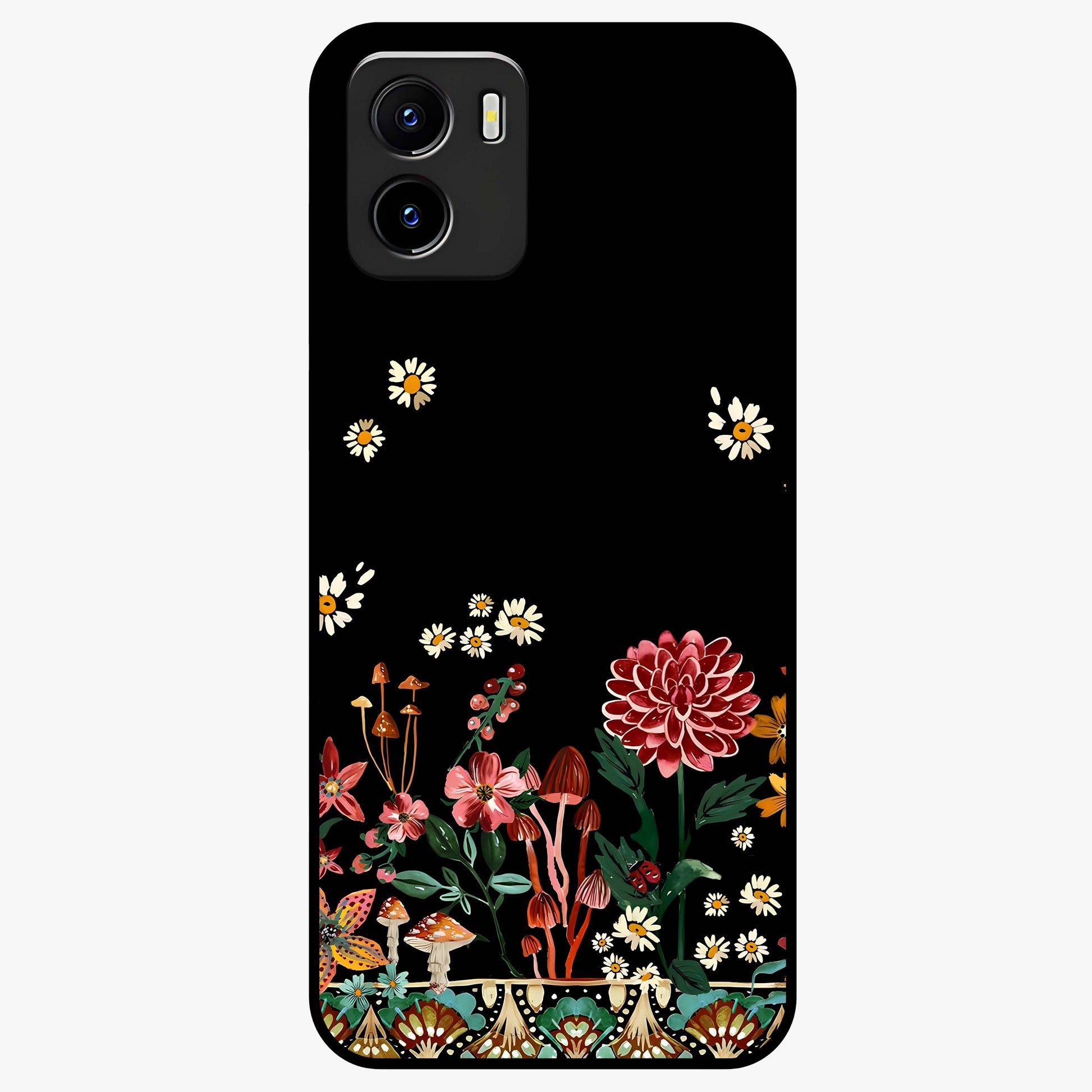 Midnight Bloom Pattern Glass Case showing flat back view with dark floral pattern artwork and glossy glass finish.