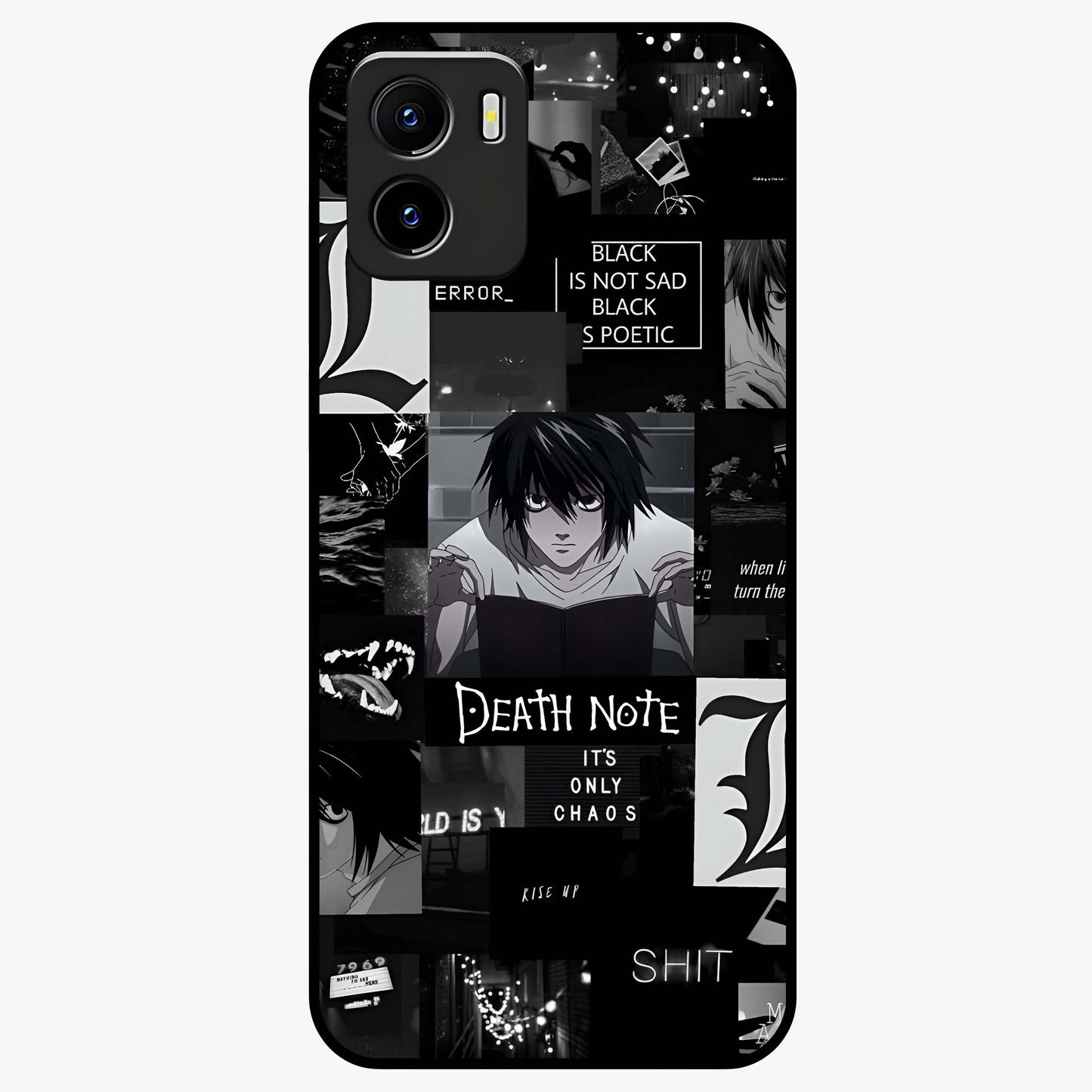 Midnight Chaos Mind Glass Case showing flat back view with abstract dark themed artwork and glossy glass finish.