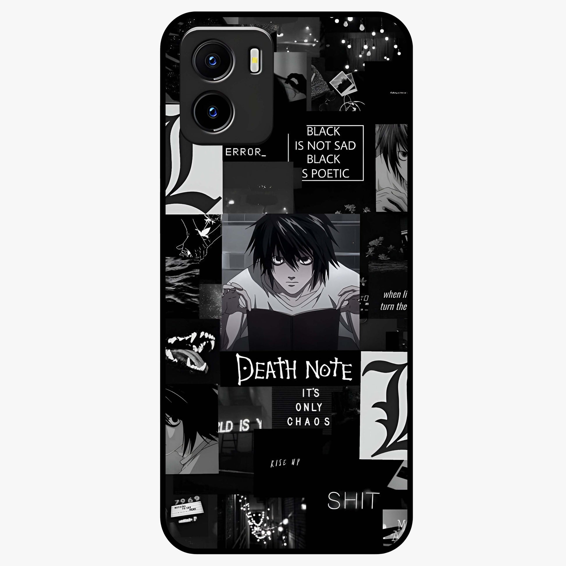 Midnight Chaos Mind Glass Case showing flat back view with abstract dark themed artwork and glossy glass finish.