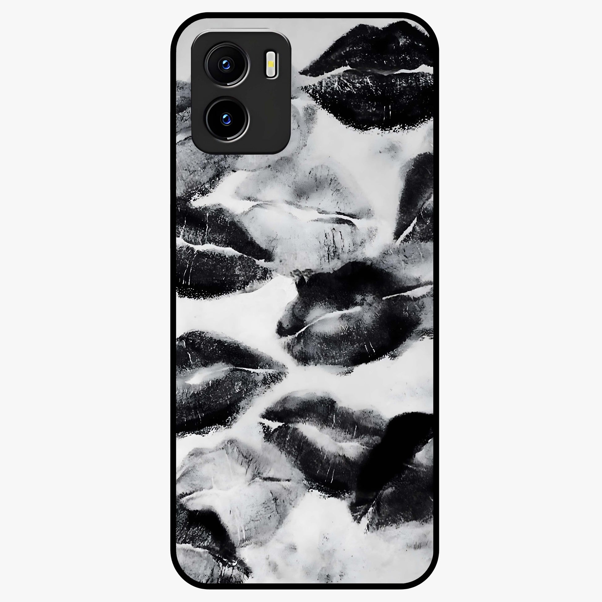Midnight Kiss Marks Glass Case showing flat back view with lipstick kiss mark artwork and glossy glass finish.